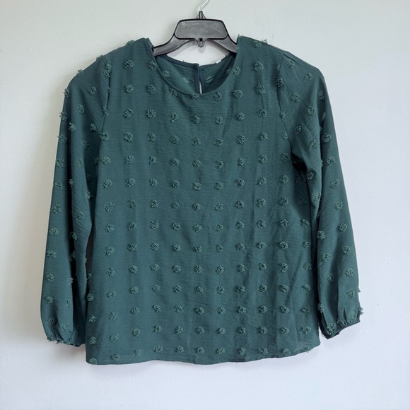 Boho Swiss Dot Pom Pom Long Sleeve Blouse Dark Teal Green Size Large - Picture 2 of 8